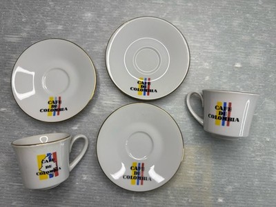 Diamante CAFE DE COLOMBIA white gold trim 4oz Cup & Saucer LOT/2