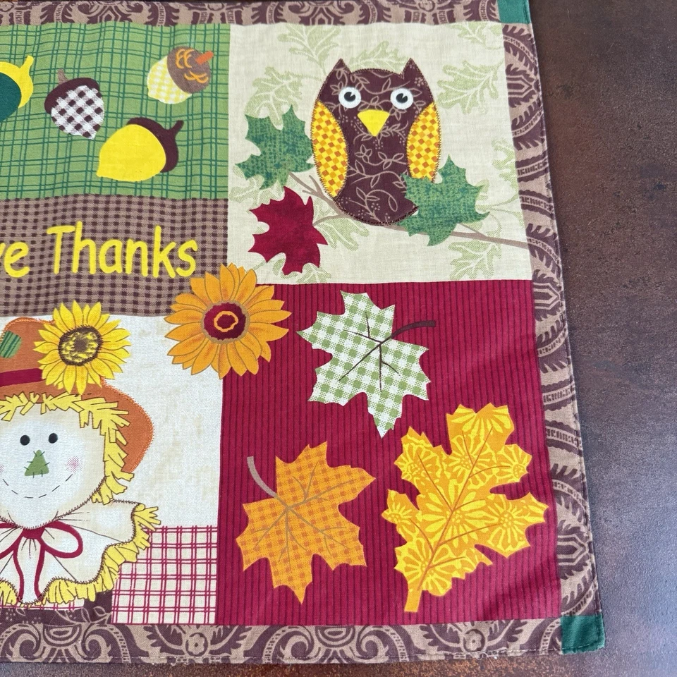 Essential Home Give Thanks Fall Scarecrow Owl Leaf Patchwork Placemats set of 2 - Image 3 of 4