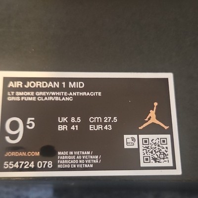 Jordan Air Jordan 1 Mid Light Smoke Grey Anthracite 554724-078 Men's Sneaker