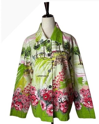 Keren Hart Jacket Women Medium Green Pink Floral Sequins Button Front Trucker