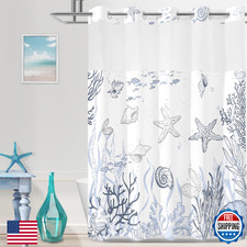 TWLSNCD No Hook Shower Curtain with Snap in Liner, Beach Ocean Nautical Coastal