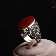 Premium Red Yemeni Aqeeq Ring 925 Sterling Silver Handmade Jewelry