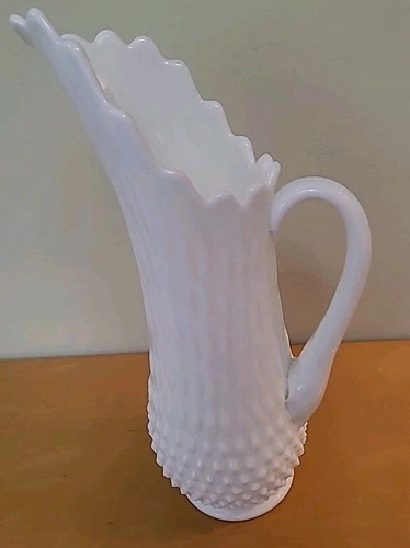 Vtg Fenton Milk White Hobnail Swung Stretch Drip Tall Pitcher Vase 12.5" Tall
