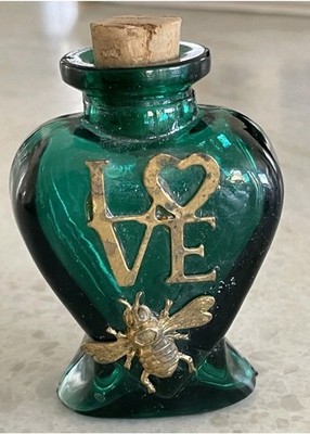   Vintage Love Potion Green Heart Shaped Glass Bottle w/ Bee Wizard Witch 