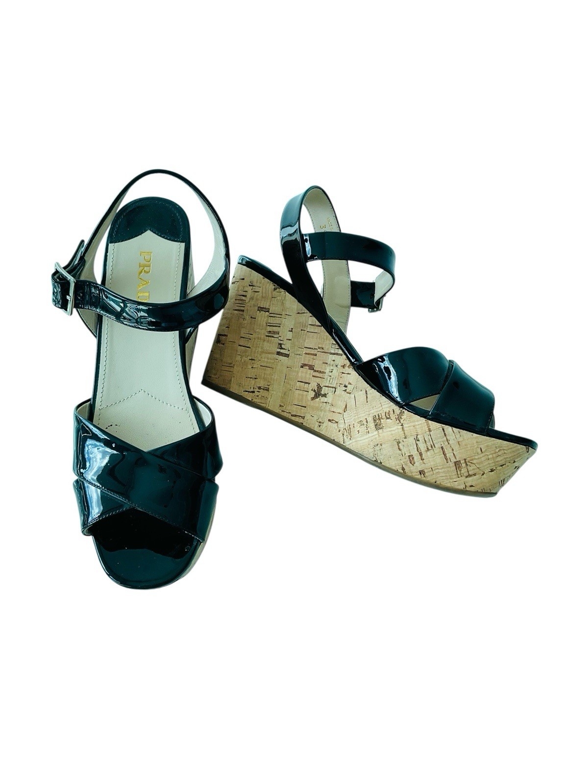 Prada Black Patent Leather Cork Platform Wedge Sandals Criss Cross EU 39 thumbnail 3
