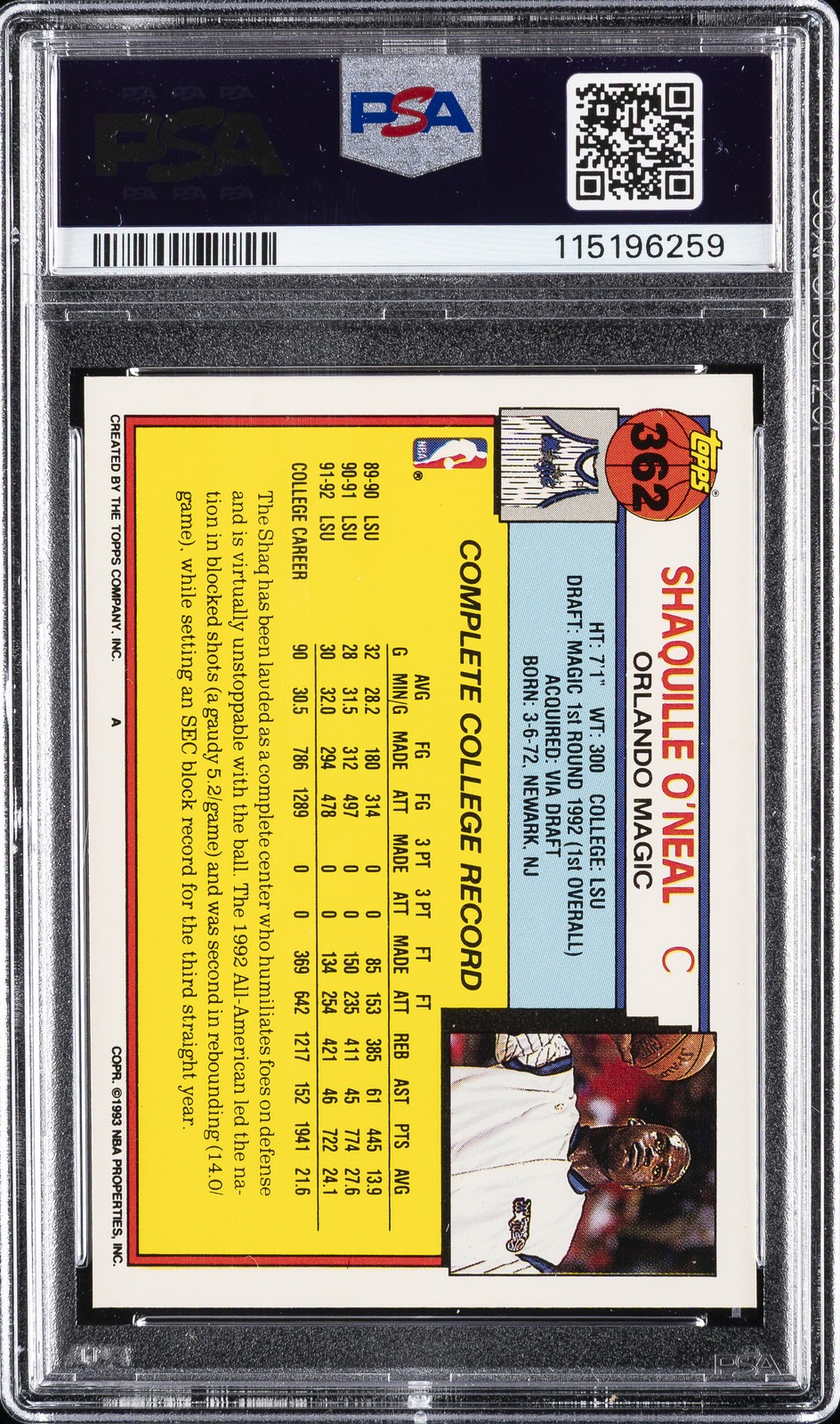 1992 TOPPS #362 SHAQUILLE O'NEAL ROOKIE RC PSA 8 view 2