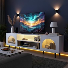 White TV Stand Cabinet Entertainment Center with 2 Glass Door RGB Lights Modern