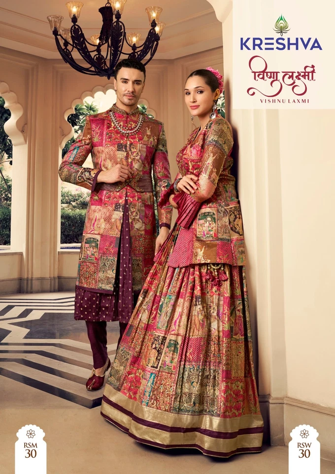 Ropa de boda india seda trabajo manual Lehenga Kurta conjunto de pareja colección 14728 Foto 4 de 4