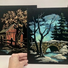 2 Vtg MCM Paint By Number art Pictures Winter Bridge Fall Barn Black Velvet
