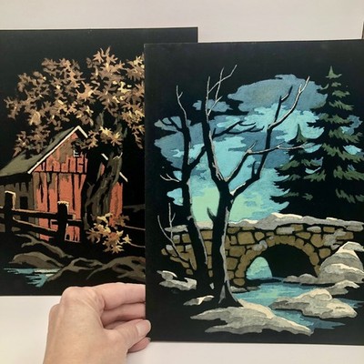 2 Vtg MCM Paint By Number art Pictures Winter Bridge & Fall Barn Black Velvet