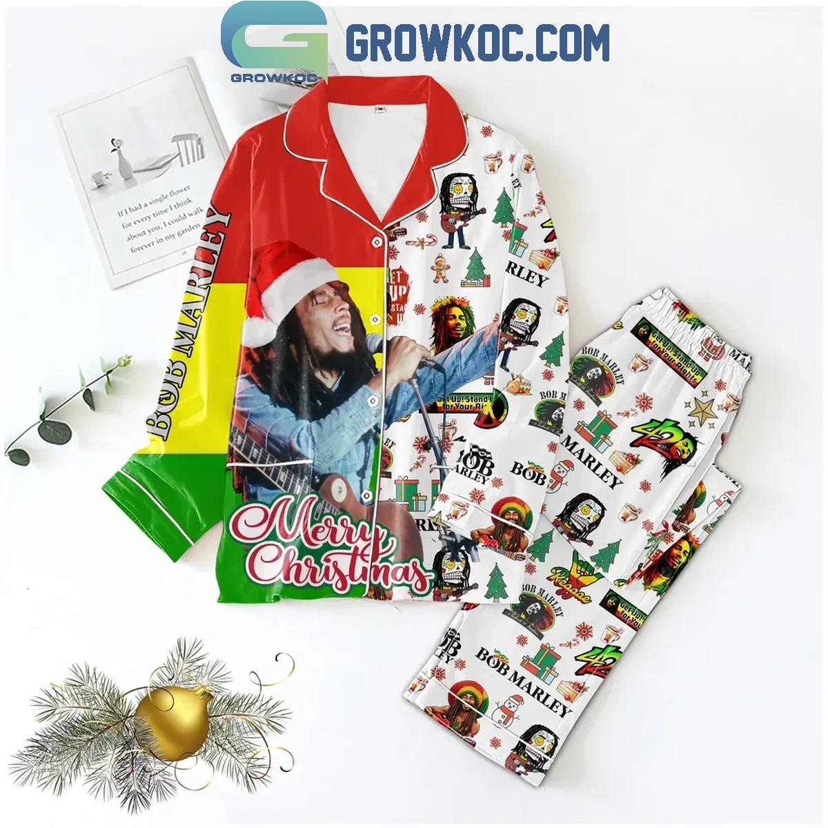 Bob Marley One Love Christmas Pajama Set - Festive Polyester Sleepwear