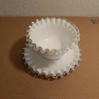 White Milk Glass Mayo Bowl w/Underplate Ruffled Silver Crest