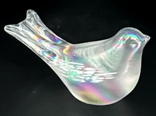 Silvestri Hand Blown Clear & Iridescent Glass Bird Paperweight ~ 5" Long