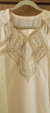Handmade Silk 3pc Kurta Dupatta Set - Ivory w/ Beads  Sequins - Size 8/10