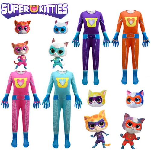 Kids Super Kitties Cat Costume Cosplay Fancy Dress Jumpsuit Mask Outfit