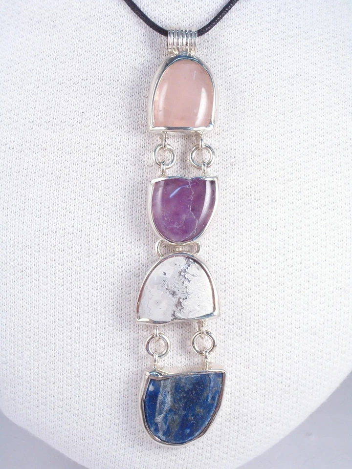 Ciondolo in ARGENTO 925 con PIETRE DURE naturali - Quarzo Rosa Sodalite Ametista - Immagine 2 di 4