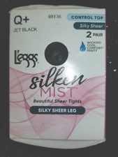 L'EGGS 2 PAIR SILKEN MIST CONTROL TOP TIGHTS-SILKY SHEER LEG/TOE-Q+-JET BLACK