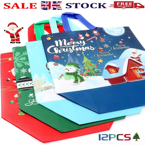 12Pcs Large Plastic Christmas Santa Reusable Shopping Bag Tote Carrier
