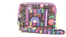 SUN  N' SAND CHESTER WALLET WRISTLET ID WINDOW COTTON FLORAL BARS PURPLE ACCENTS
