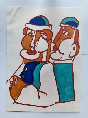 Vintage Abstract Outsider Art Two Men Embracing on Paper Postmodern 9x12 GAY INT