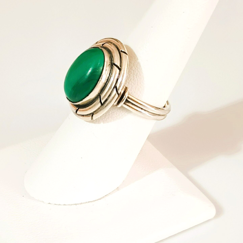 Sterling Silver Green Malachite Ring 7.5 Oval Etched 925 Cabochon Ring - Picture 6 of 11