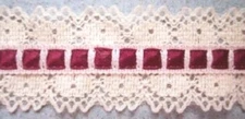 6 Yds. Vintage Wright's Ecru 1 3/8" Cotton Cluny/Burgundy Satin Lace L-15