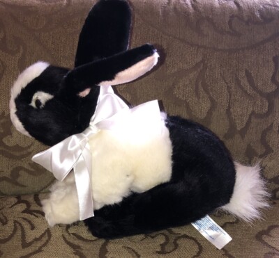 Kids of America Plush Black White Crouching Bunny Rabbit Satin Bow Realistic 11 