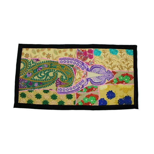 Tapisserie Décorative Indienne Patchwork Kundan Perles Grises - 155x53 Cm, Coton, à Suspendre, Neuf