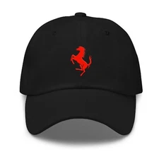 Ferrari Inspired Embroidered Horse White Silver Gray Red Logo Black Dad Hat Cap