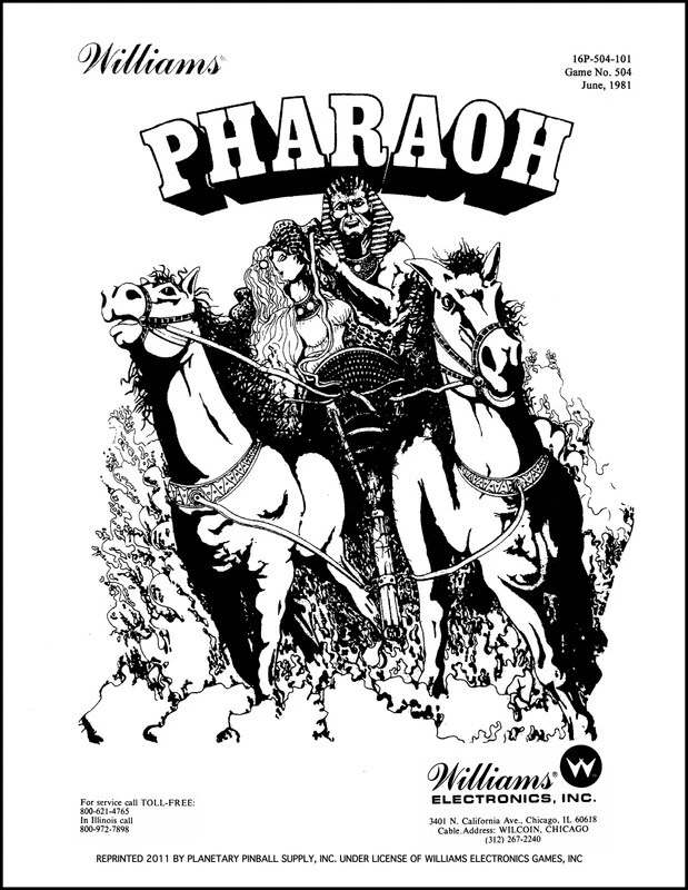 Pharaoh Pinball Manual w/Instruction Book & COLOR Fold-Out Schem Williams PPS xD