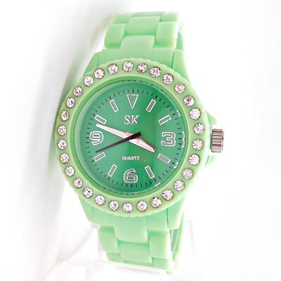 Damen Strass Kunststoff Uhr Quarz Armbanduhr Grün Arabische Ziffern 300949
