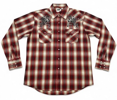 Ely Cattleman Western Ranch Shirt Men Large Plaid Embroidered Snap