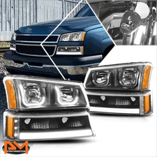 For 03-06 Chevy Silverado/Avalanche LED DRL Bar J-Halo Headlights BLack/Amber