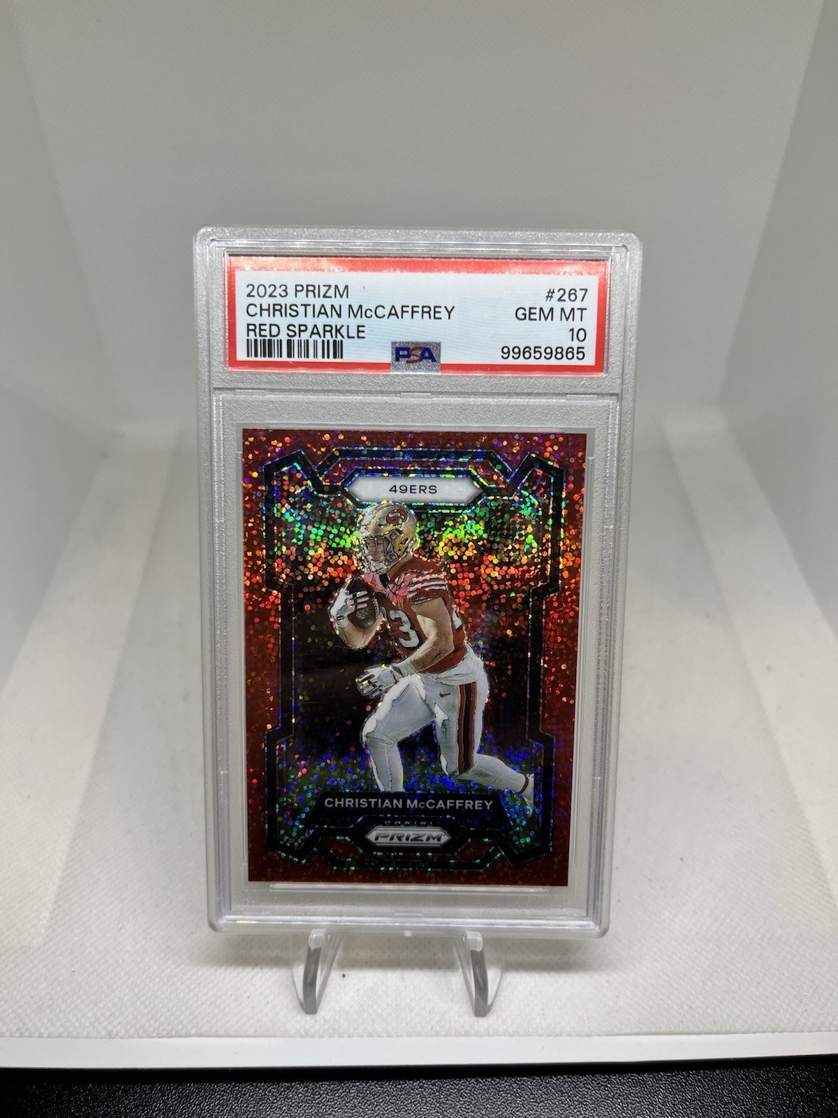 Christian McCaffrey 2023 Panini Red Sparkle Prizm PSA 10 Gem Mint #267 49ers