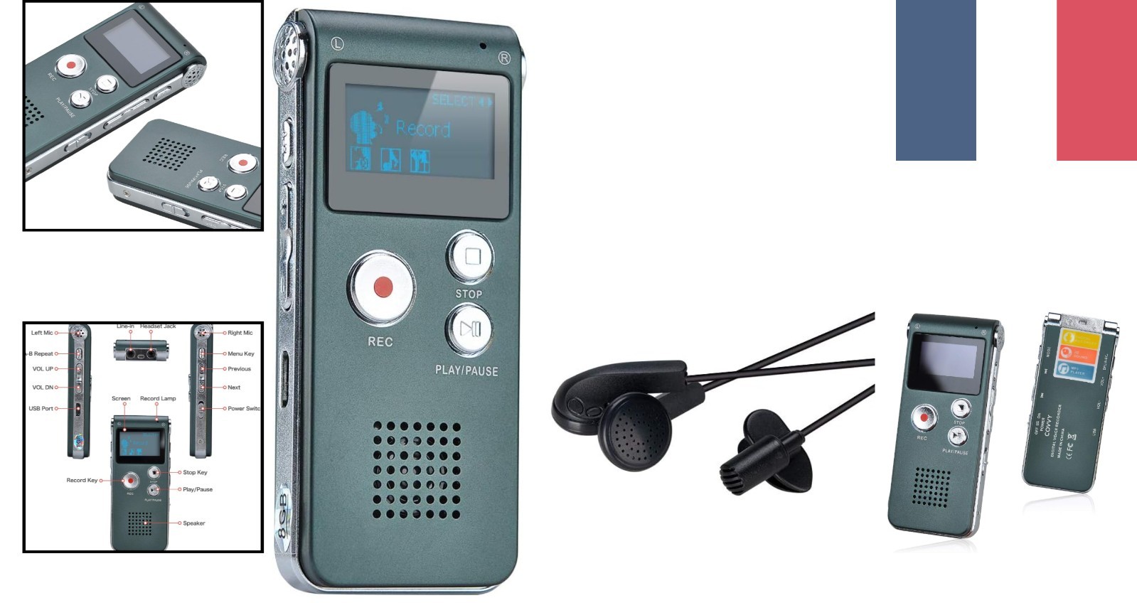 Dictaphone numérique portable 8GB avec écran LCD noir en métal