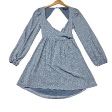 Lulus Floral Mini Dress Womens M Blue Long Sleeve Cutout Back Tie Waist Casual