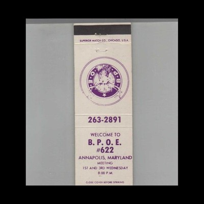 Matchbook Cover B.P.O.E. Elks Lodge No. 622 Annapolis, MD