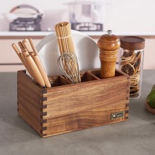 Acacia Wood Utensil Holder Paper Plate Dispenser Organizer 4 Compartment Caddy