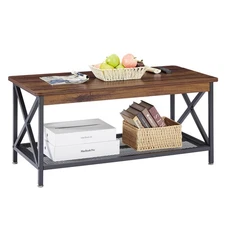 Coffee Table with 2-Tier Storage Shelf X-Frame for Living Room, Office Indust...