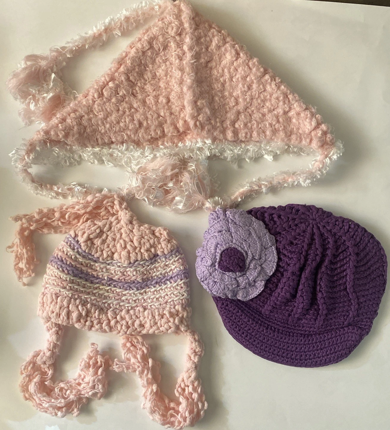 Lot Of 3 Girl Hat Beanie 2 -8 Years, Pink, White, Purple ,NEW!