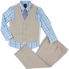 Boys 4-Piece Dress Up Outfit Marine Teal Plaid Shirt, Tie, Vest Pants