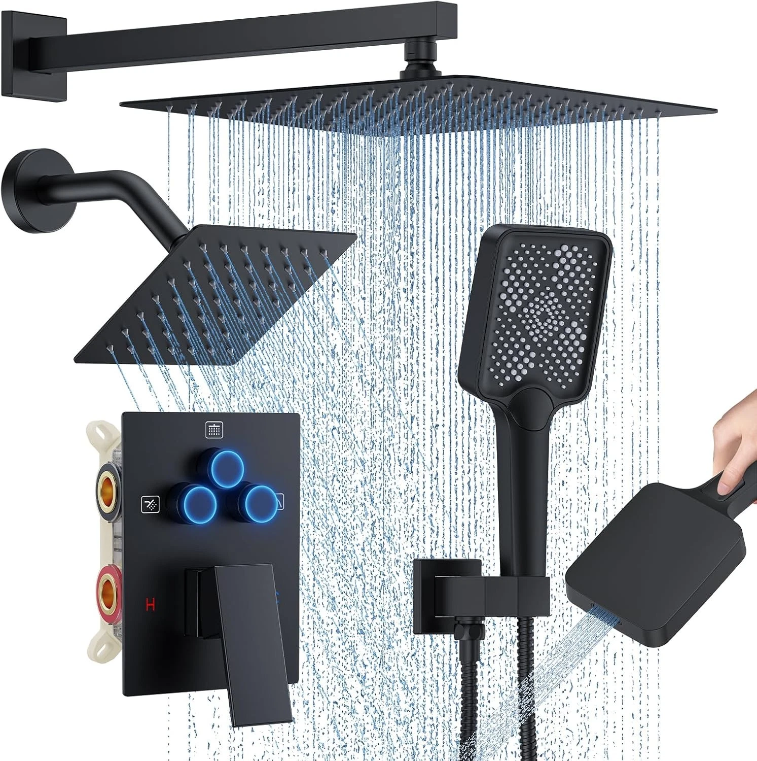 12" Wall Mount Rainfall Shower System Matte Black with Handheld Head