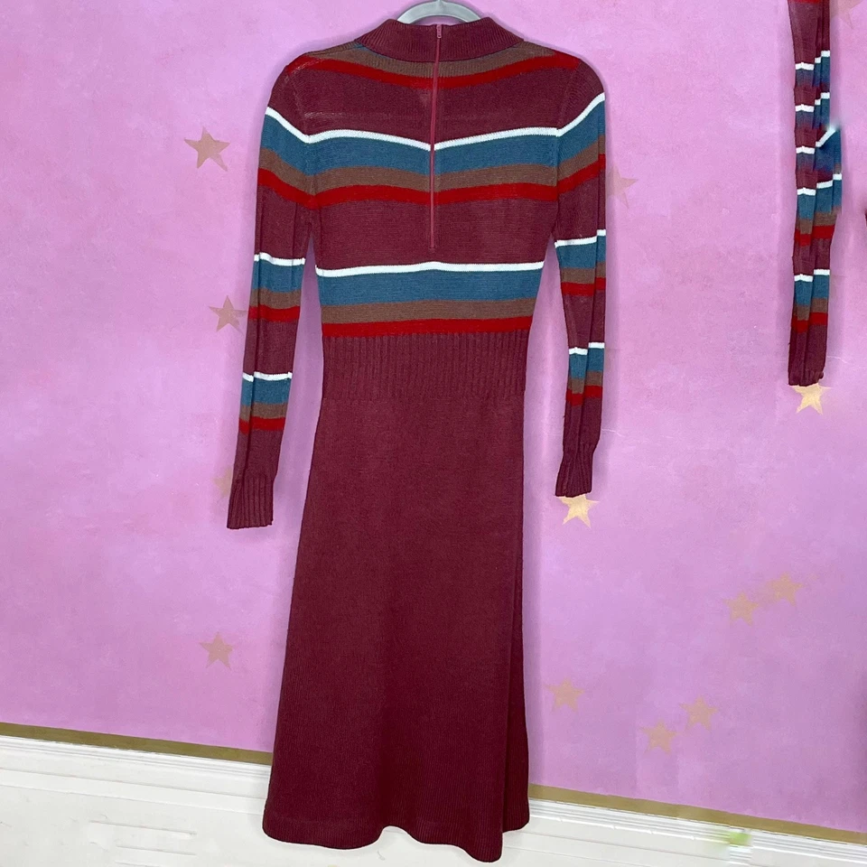 Vintage Collared Burgundy Striped  Knit Sweater Midi Dress Women Size 11/12 Sm - Image 2 of 4