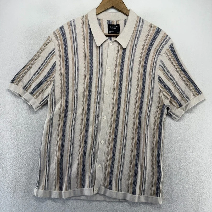 Abercrombie Fitch Sweater Shirt men's large Tan Blue Striped Knit Button Polo - Image 2 of 4
