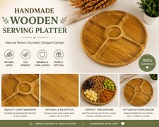 Handmade Wooden Snack Serving Tray Round Divided Platter Charcuterie Board