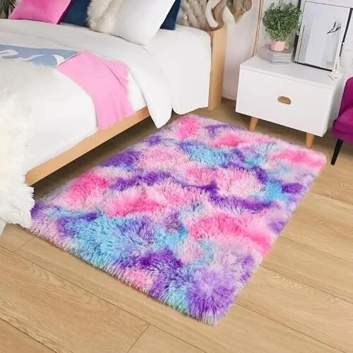  Soft Rainbow Rug for Girls Room, Cute Fluffy Girls 2 x 3 Feet Rose/Purple Foto 2 de 4