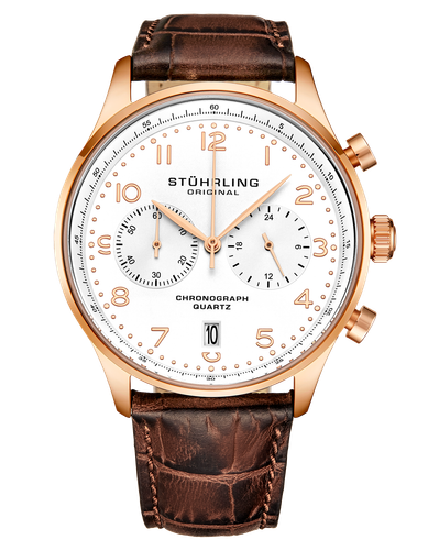 Stuhrling Original 4012 4 Quartz Chronographe Date Cuir Marron Montre Hommes - Photo 1 sur 3