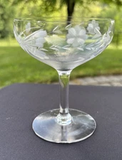 Unknown Maker Clear Gray Wheel Cut Butterfly Floral Tall Champagne Glass UNK4913