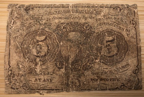 1862-3 Antique 5c Fractional Currency Note Thomas Jefferson with Monogram