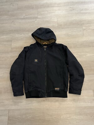 Ariat Rebar DuraCanvas Black Hooded Sherpa Lined Work Jacket Men’s Size L 